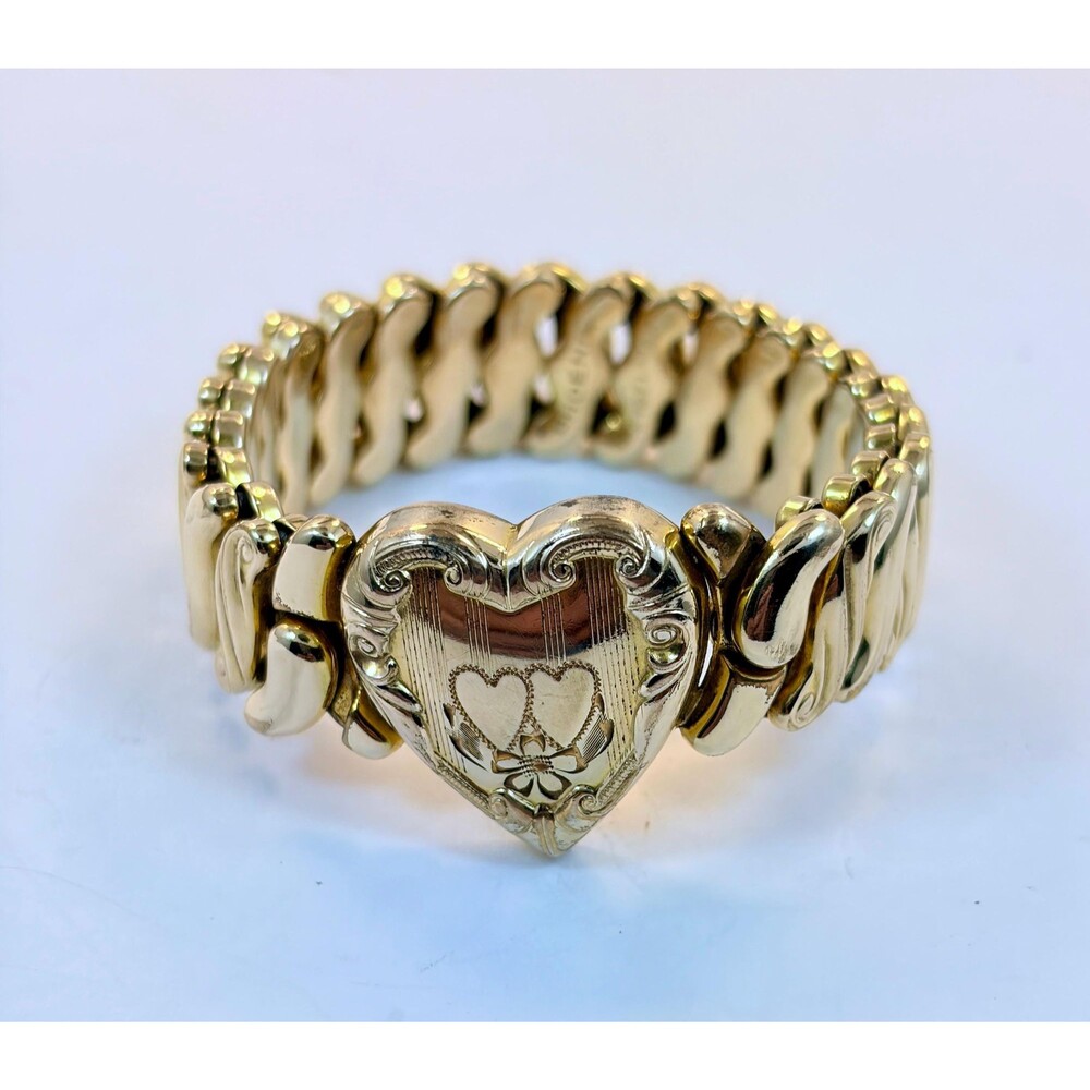 Sweetheart Bracelet, Expansion Bracelet, Heart, Etched, Gold Filled, Vintage